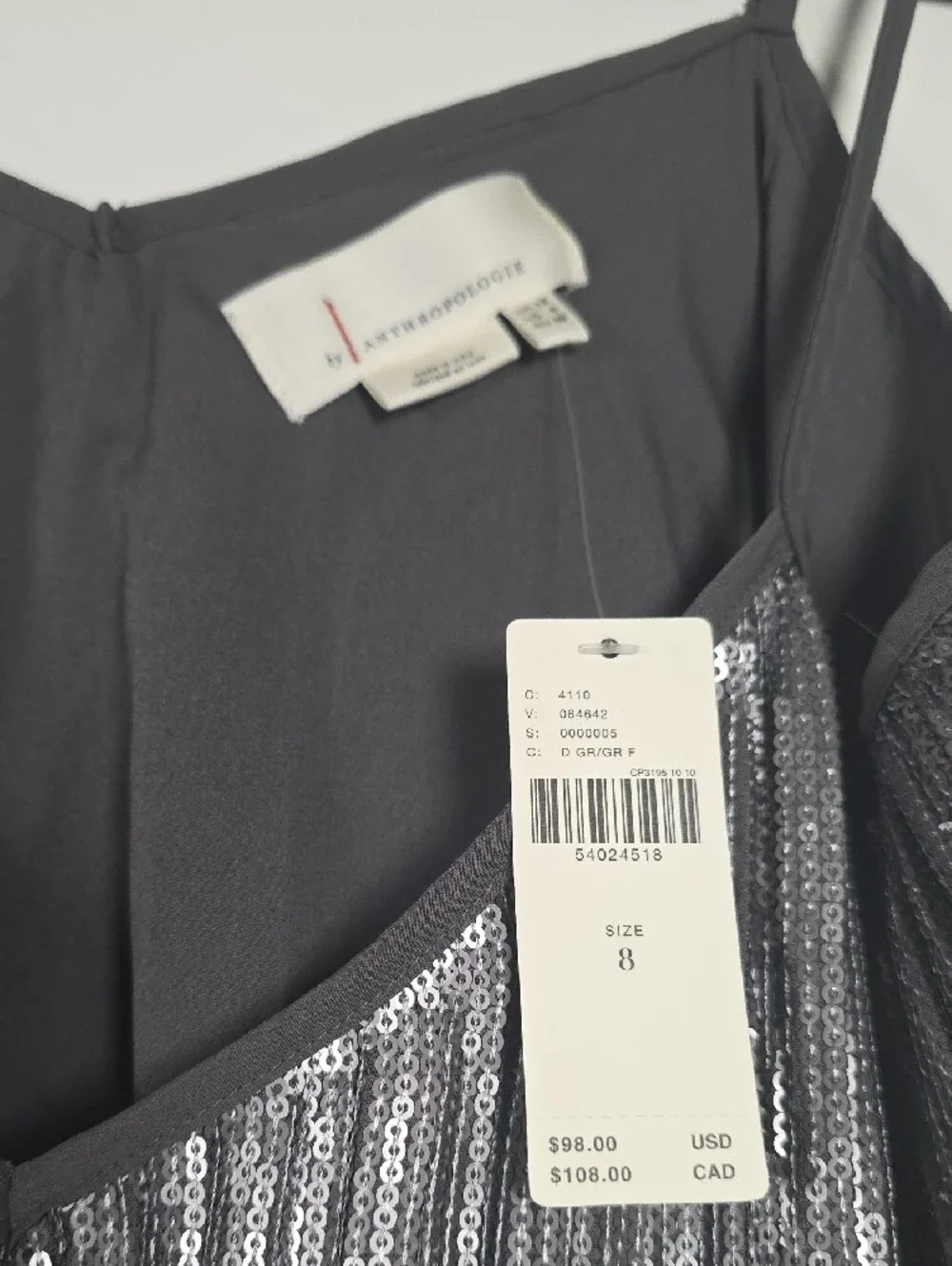 NWT Anthropologie Silver Sequin V-Neck Spaghetti Strap Camisole, Sz 8